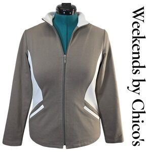 Weekends by Chico's Zip Front Track Jacket Taupe White Colorblock Size 0 Small